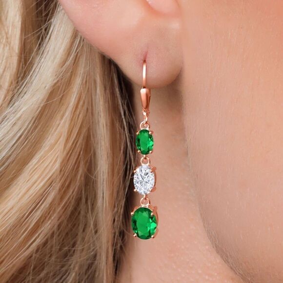 18K Rose Gold with 4.10 Cttw 3 Stone Emerald and White Moissanite Drop Earrings - Picture 2 of 5